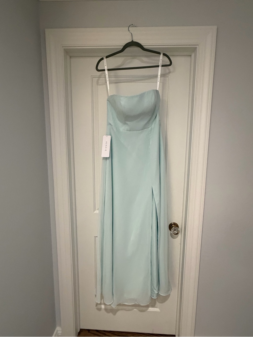 Azazie Wren Strapless Pale Blue Formal Gown with Side Slit
